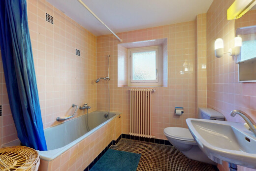 salle de bains avec miroir, mur carrelé, radiateur, et bain-douche