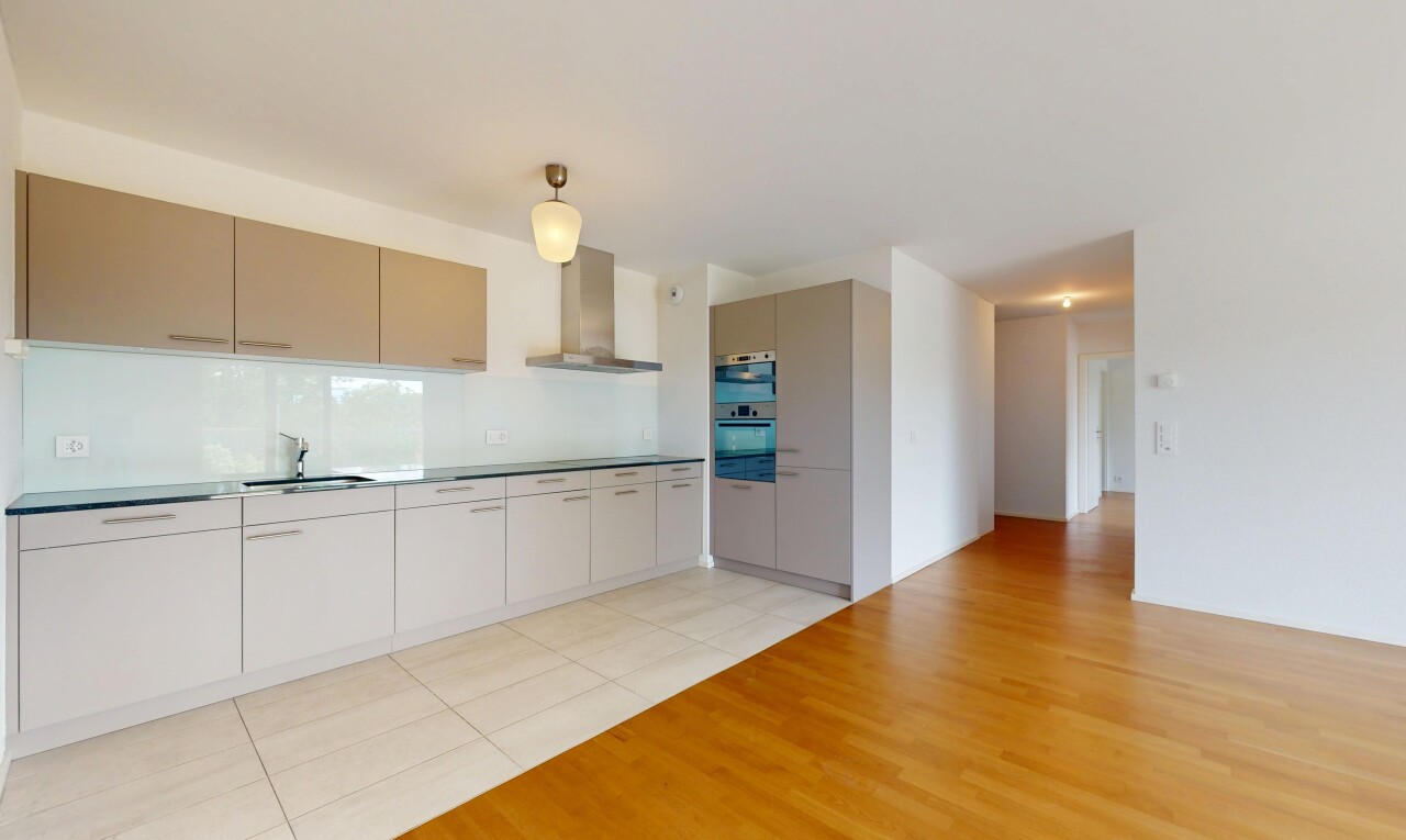cuisine avec hotte, évier, cloison sèche, drywall, et sol en finition bois