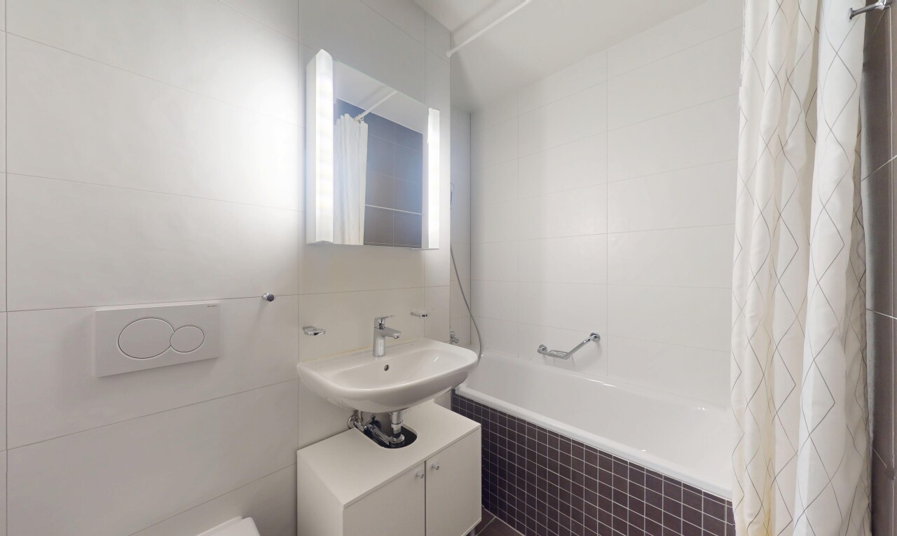 salle de bains avec tile tub, inside property, salle de bain complète, miroir, et douche-bain combinés