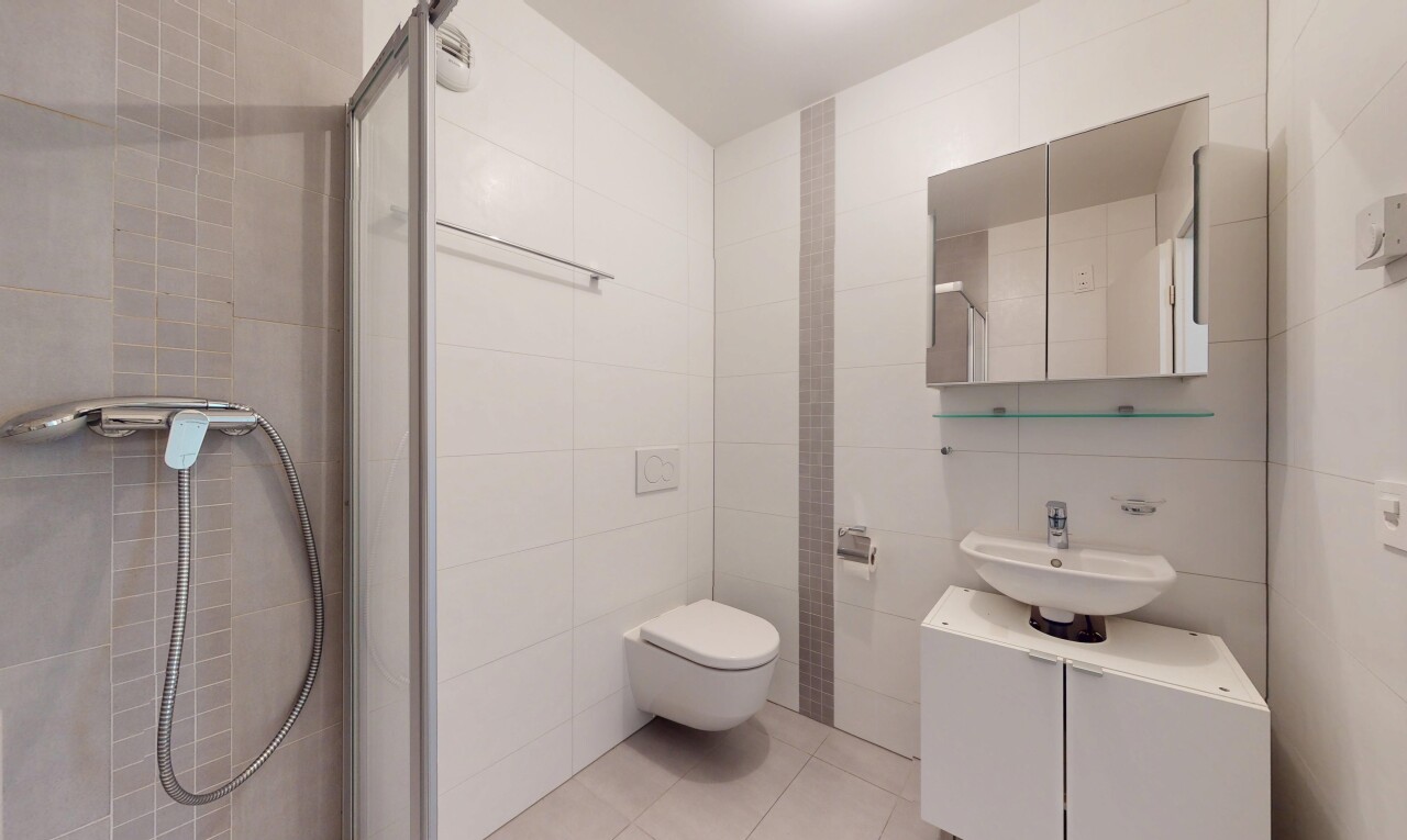 salle de bains avec mur en carrelage, tile wall, inside property, évier, et miroir
