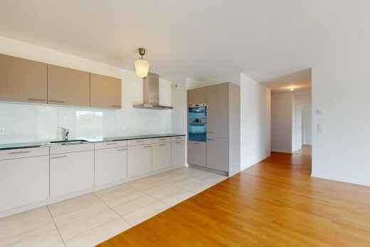 cuisine avec hotte, évier, cloison sèche, drywall, et sol en finition bois