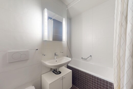 salle de bains avec tile tub, inside property, salle de bain complète, miroir, et douche-bain combinés