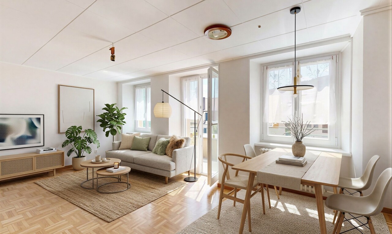 living / dining area with radiator heating unit