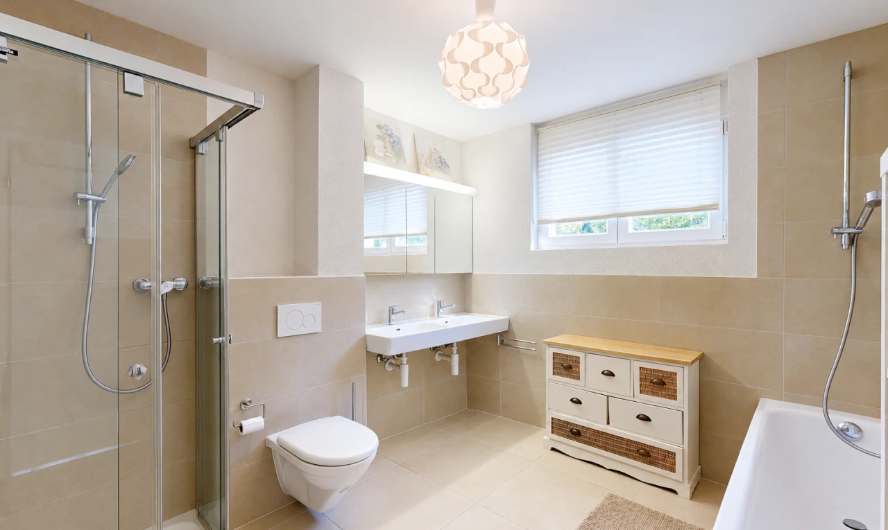 full bath with a stall shower, tile walls, and light tile patterned flooring