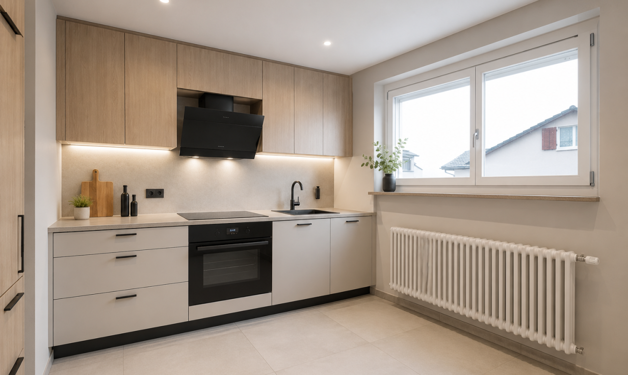 küche mit kühler, vinylboden, vinyl floor, ofen, und light floor