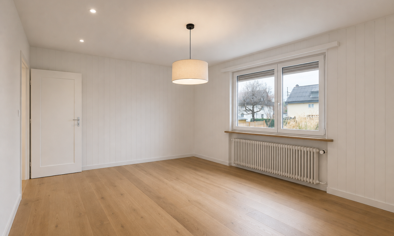 leerer raum mit kühler, holzfußboden, wood finish floor, holzwand, und wood wall
