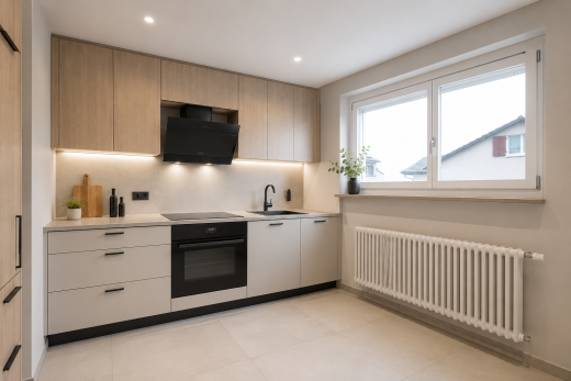küche mit kühler, vinylboden, vinyl floor, ofen, und light floor