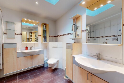 salle de bains avec puits de lumière, salle de bain complète, deux lavabos simples, sol en carrelage, et tile floor