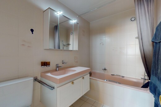 salle de bains avec tile wall, mur en carrelage, lavabo (ou coiffeuse selon le contexte), salle de bain complète, et miroir