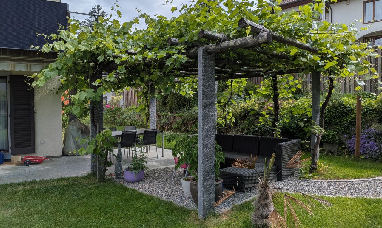 jardin avec terrasse, coin repas extérieur, pelouse, et espace de vie extérieur