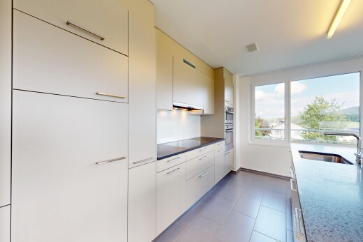 küche mit natural light, natürliches licht, schränke mit flachen paneelen, waschbecken, und inside property