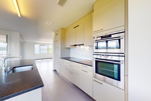 küche mit doppel backofen, natural light, natürliches licht, arbeitsplatten, und waschbecken