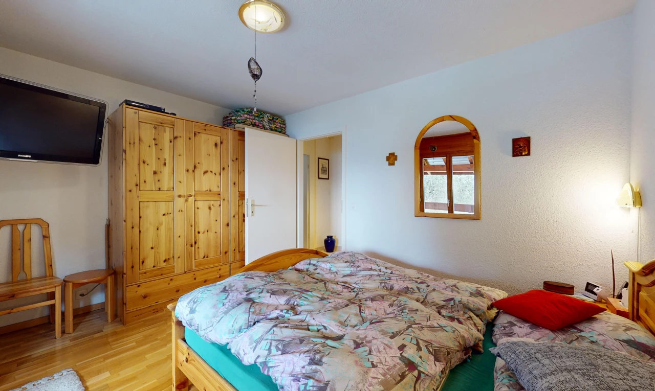chambre avec lumière naturelle, plancher de bois, et télévision
