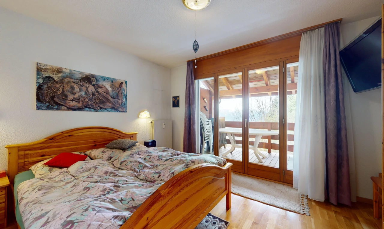 chambre avec télévision, moquette, lumière naturelle, et plancher de bois