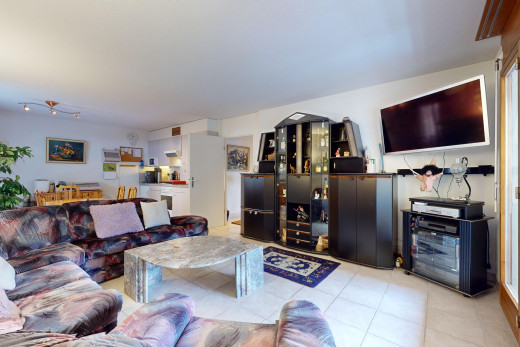 wohnzimmer mit fernsehen und fliesenboden