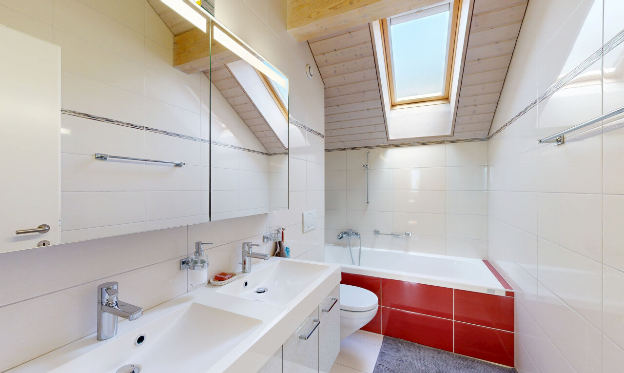 bad mit komplettes badezimmer, bad, waschbecken, dachfenster, und toilette