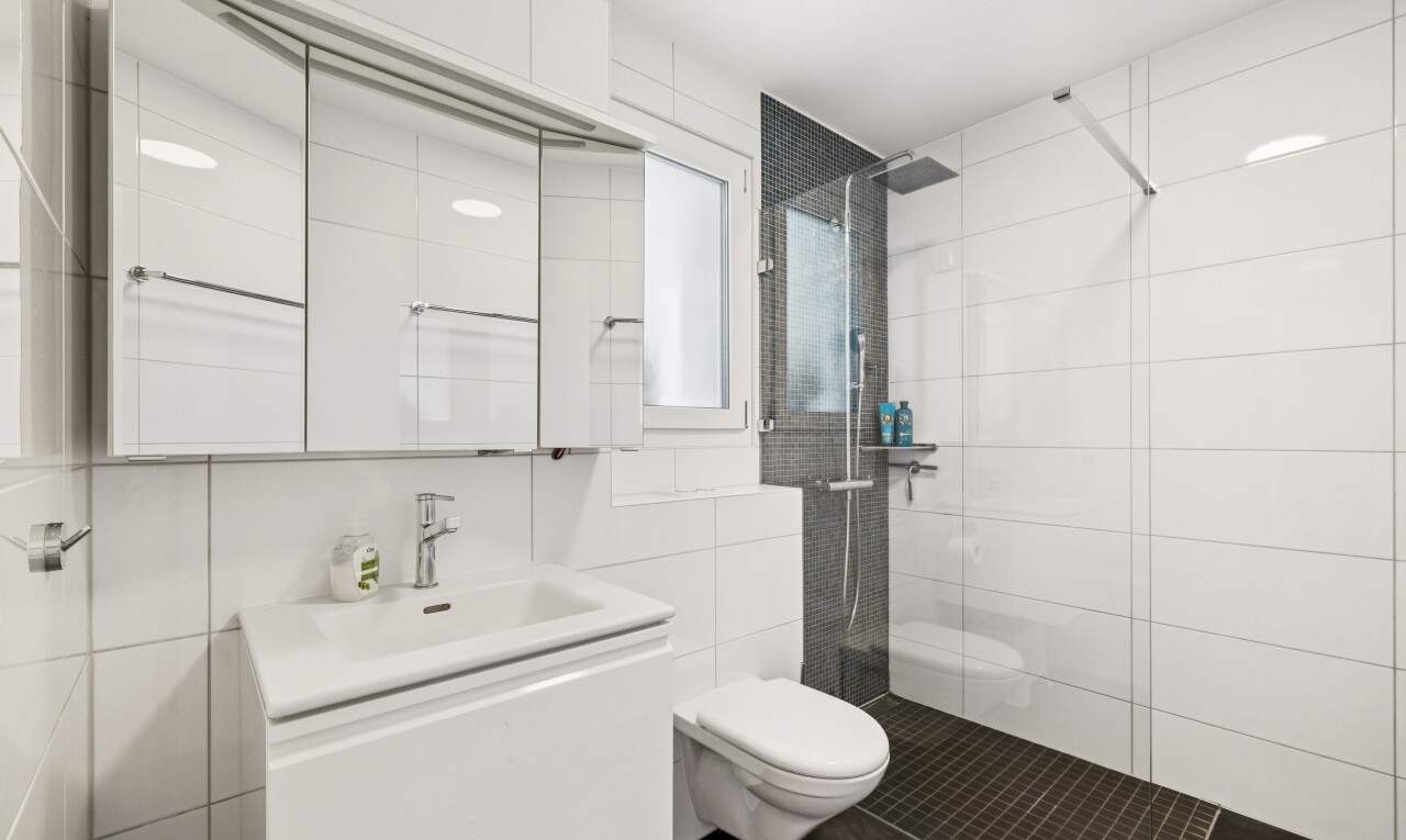 bad mit komplettes badezimmer, dusche, schminktisch, spiegel, und tile wall
