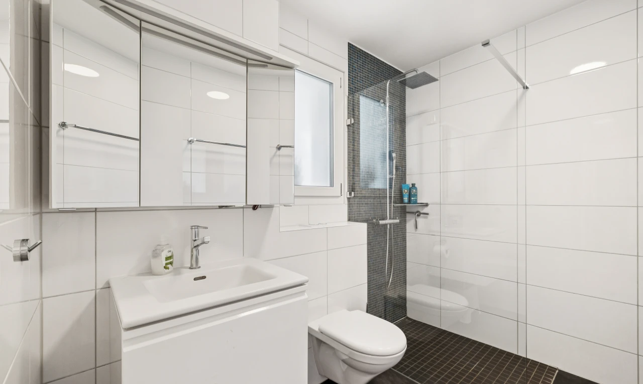 salle de bains avec salle de bain complète, douche, lavabo (ou coiffeuse selon le contexte), miroir, et tile wall