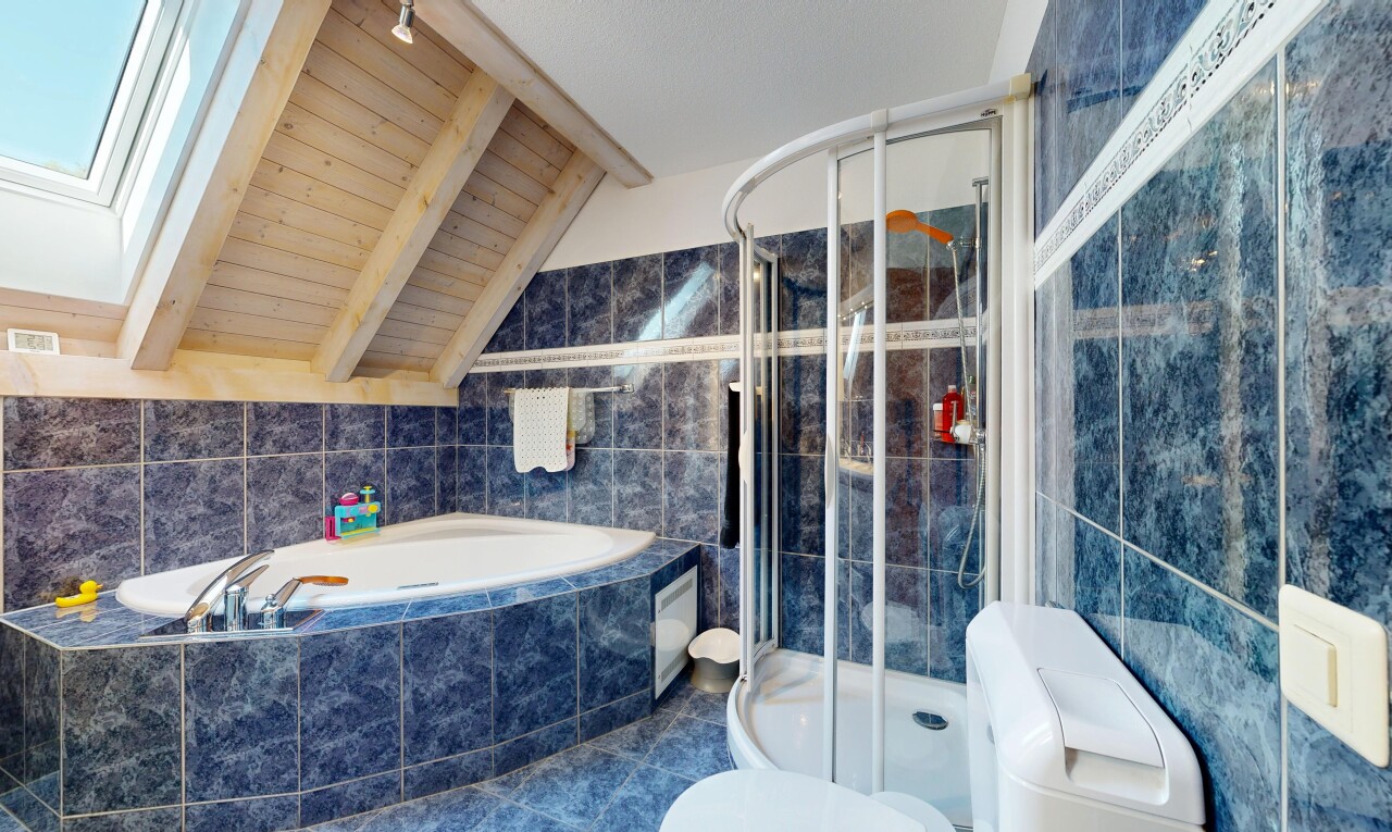 bad mit komplettes badezimmer, tile wall, fliesenwand, dusche, und deckenbeleuchtung