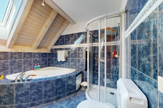 bad mit komplettes badezimmer, tile wall, fliesenwand, dusche, und deckenbeleuchtung