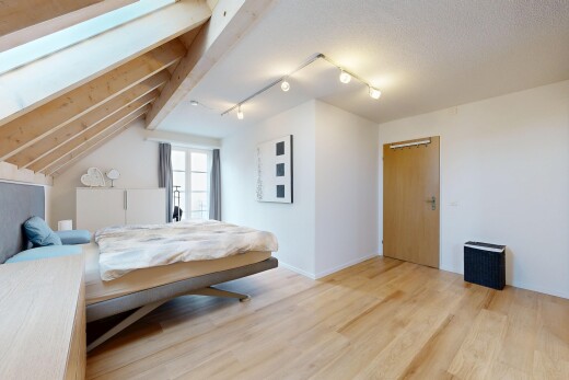 zimmer / schlafzimmer mit deckenbeleuchtung, wood finish floor, holzfußboden, vaulted ceiling, und dachschräge