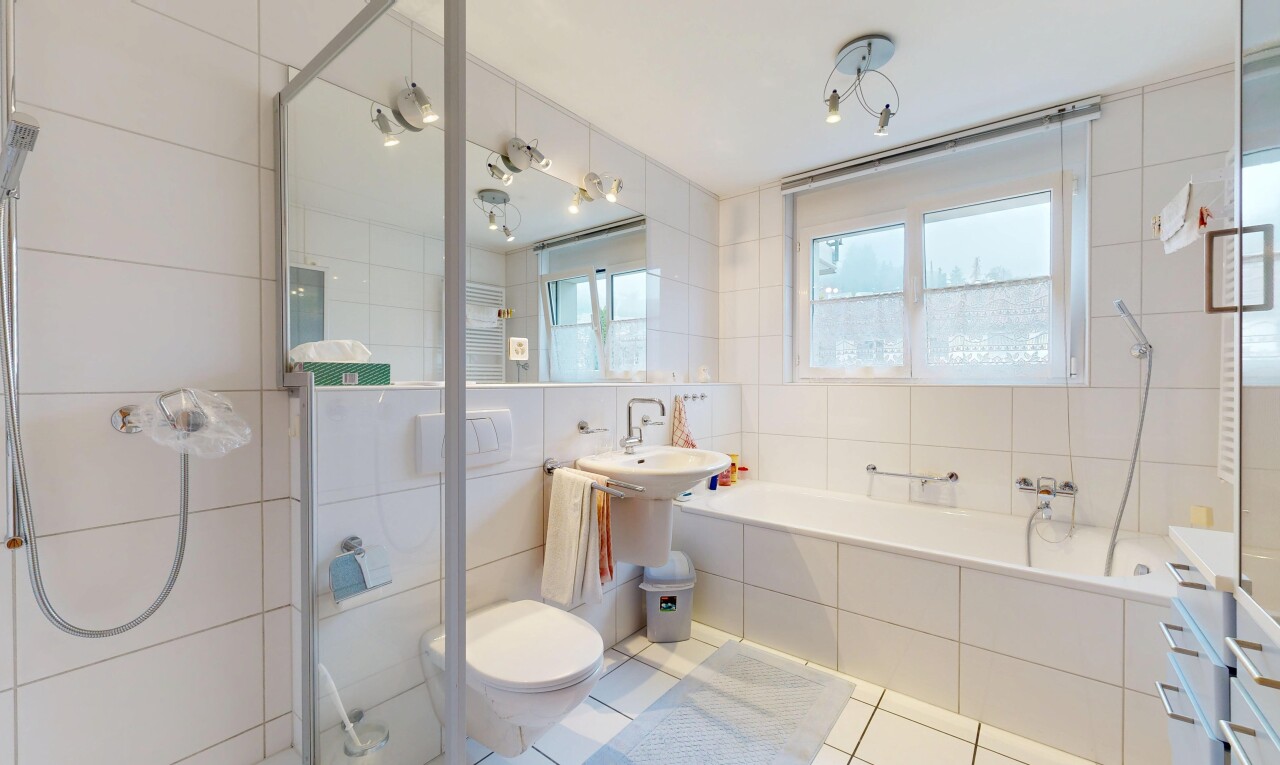 salle de bains avec mur en carrelage, tile wall, salle de bain complète, miroir, et douche