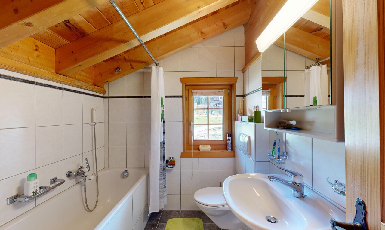 salle de bains avec vaulted ceiling, plafond voûté, salle de bain complète, évier, et toilette