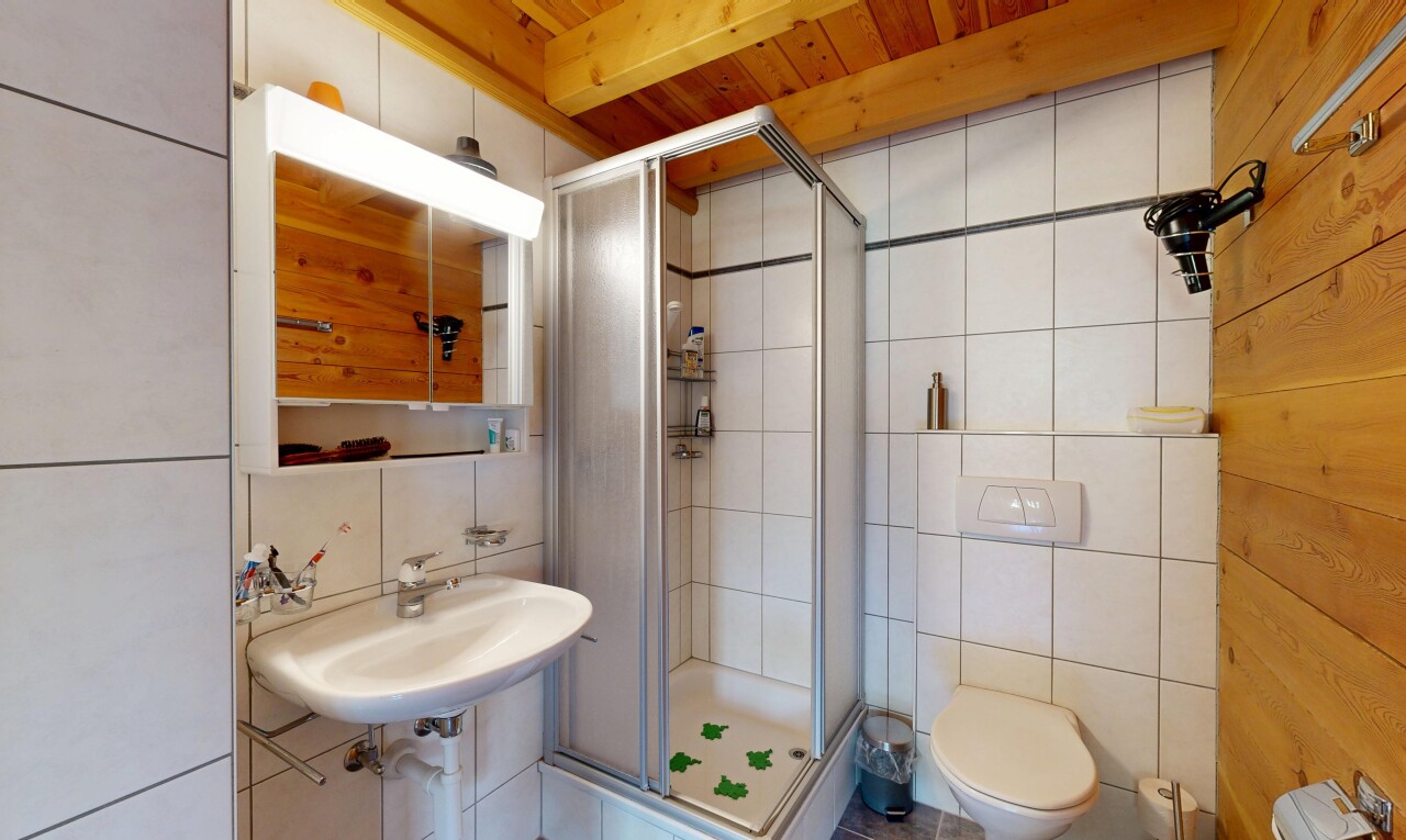salle de bains avec salle de bain complète, douche, miroir, inside property, et évier