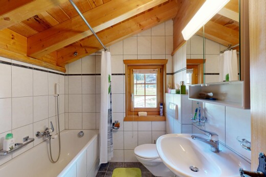salle de bains avec vaulted ceiling, plafond voûté, salle de bain complète, évier, et toilette