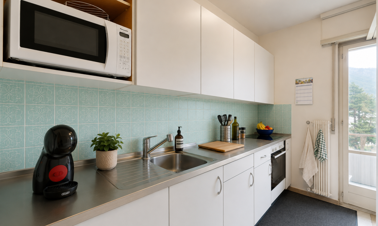 kitchen with white microwave, white cabinetry, oven, light countertops, and decorative backsplash