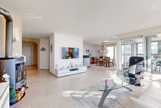 salon / salle à manger avec inside property, télévision, lumière naturelle, natural light, et cloison sèche