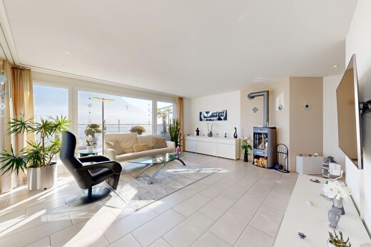 salon avec inside property, télévision, lumière naturelle, natural light, et poêle à bois