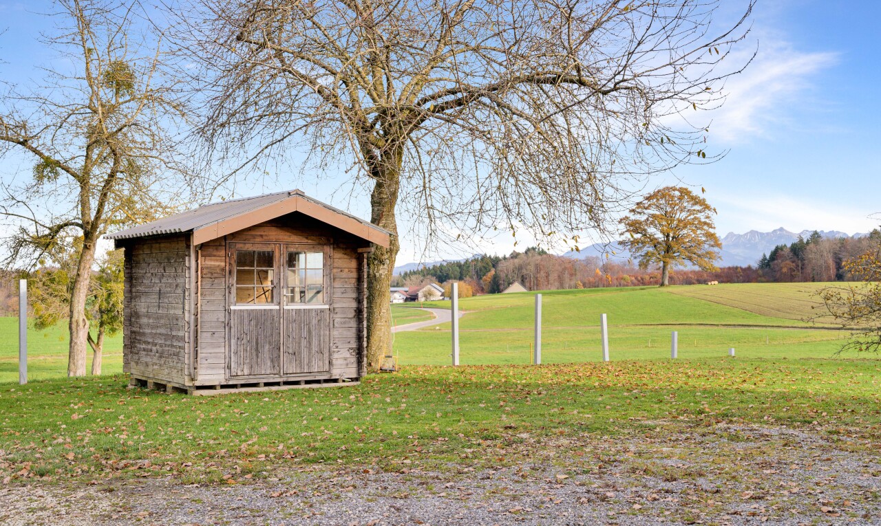 view of home with a yard and a storage unit