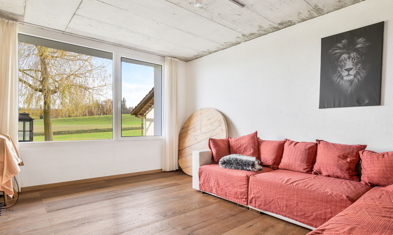 salon avec day time, wood finish floor, sol en finition bois, concrete ceiling, et plafond en béton