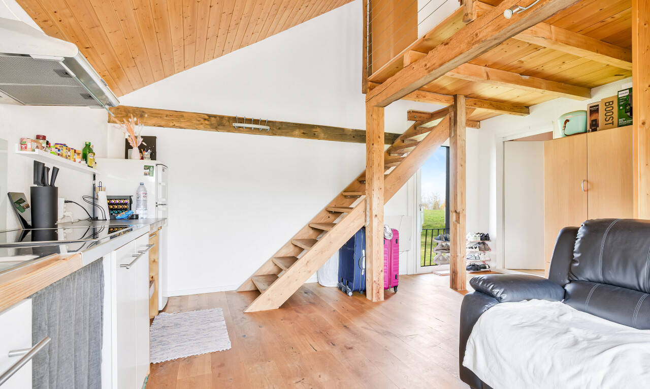 salon avec wood ceiling, plafond en bois, vaulted ceiling, plafond voûté, et wood finish floor