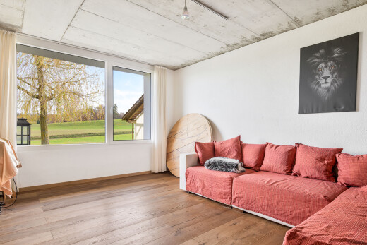 salon avec day time, wood finish floor, sol en finition bois, concrete ceiling, et plafond en béton
