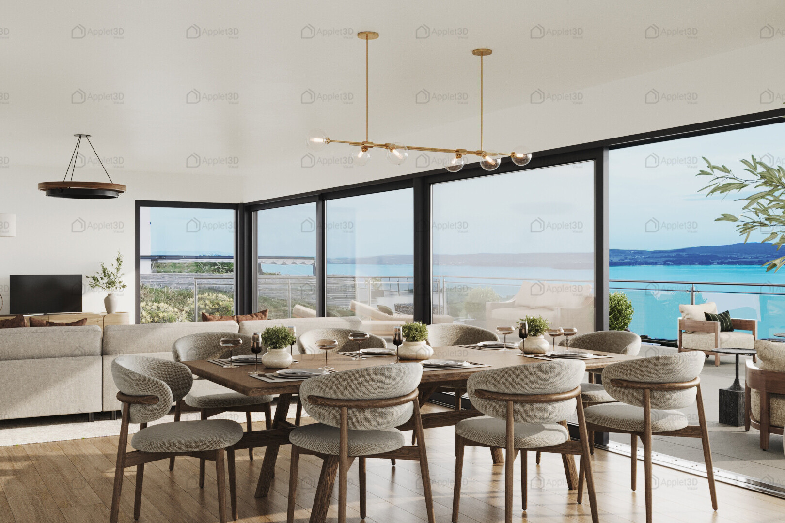 salon / salle à manger avec télévision, lumière naturelle, natural light, inside property, et sol en finition bois