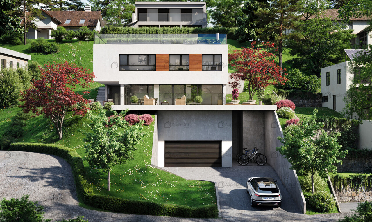 façade avec property visible, rendered, allée, et bardage en stuc
