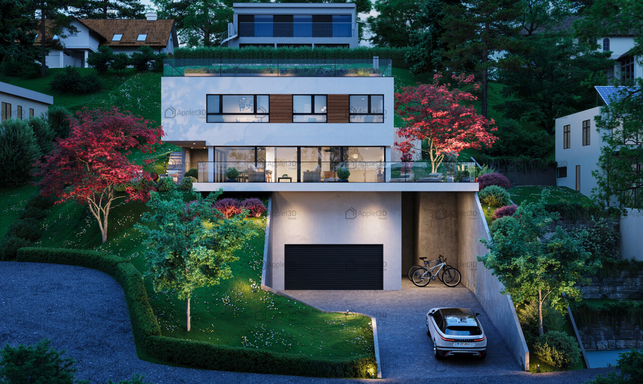 façade avec property visible, balcon, rendered, bardage en stuc, et allée