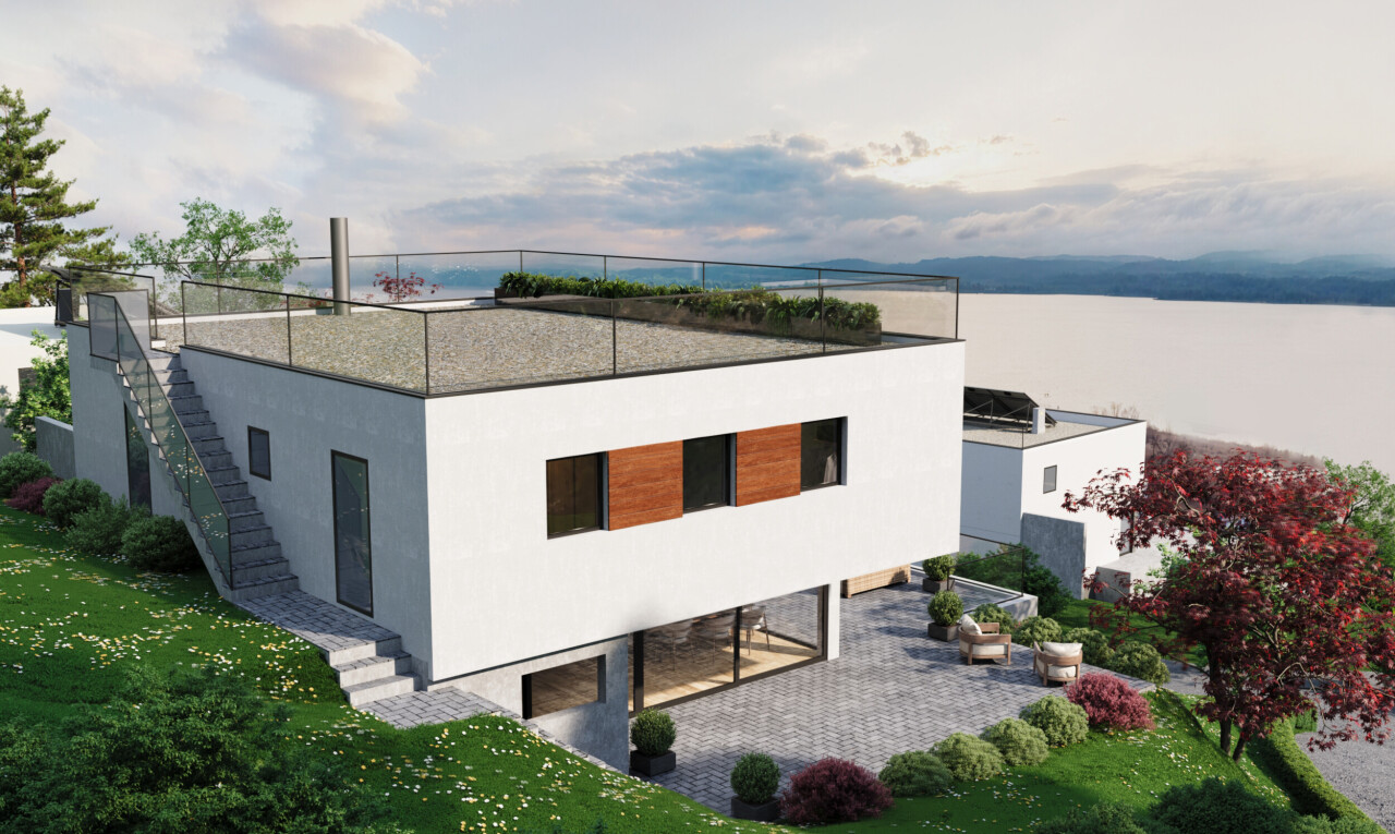 façade avec property visible, water view, vue sur l'eau, rendered, et terrasse