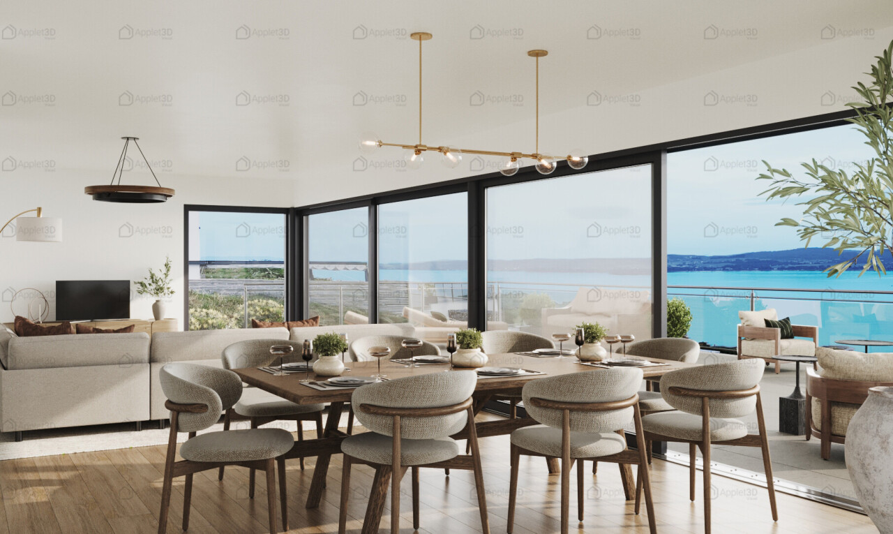 salon / salle à manger avec télévision, lumière naturelle, natural light, inside property, et sol en finition bois