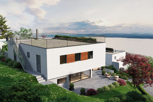 außenansicht mit property visible, water view, seesicht, rendered, und terrasse