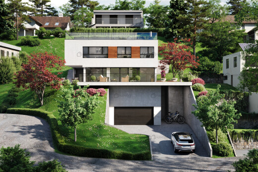 façade avec property visible, rendered, allée, et bardage en stuc
