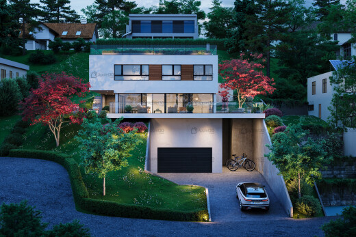 façade avec property visible, balcon, rendered, bardage en stuc, et allée