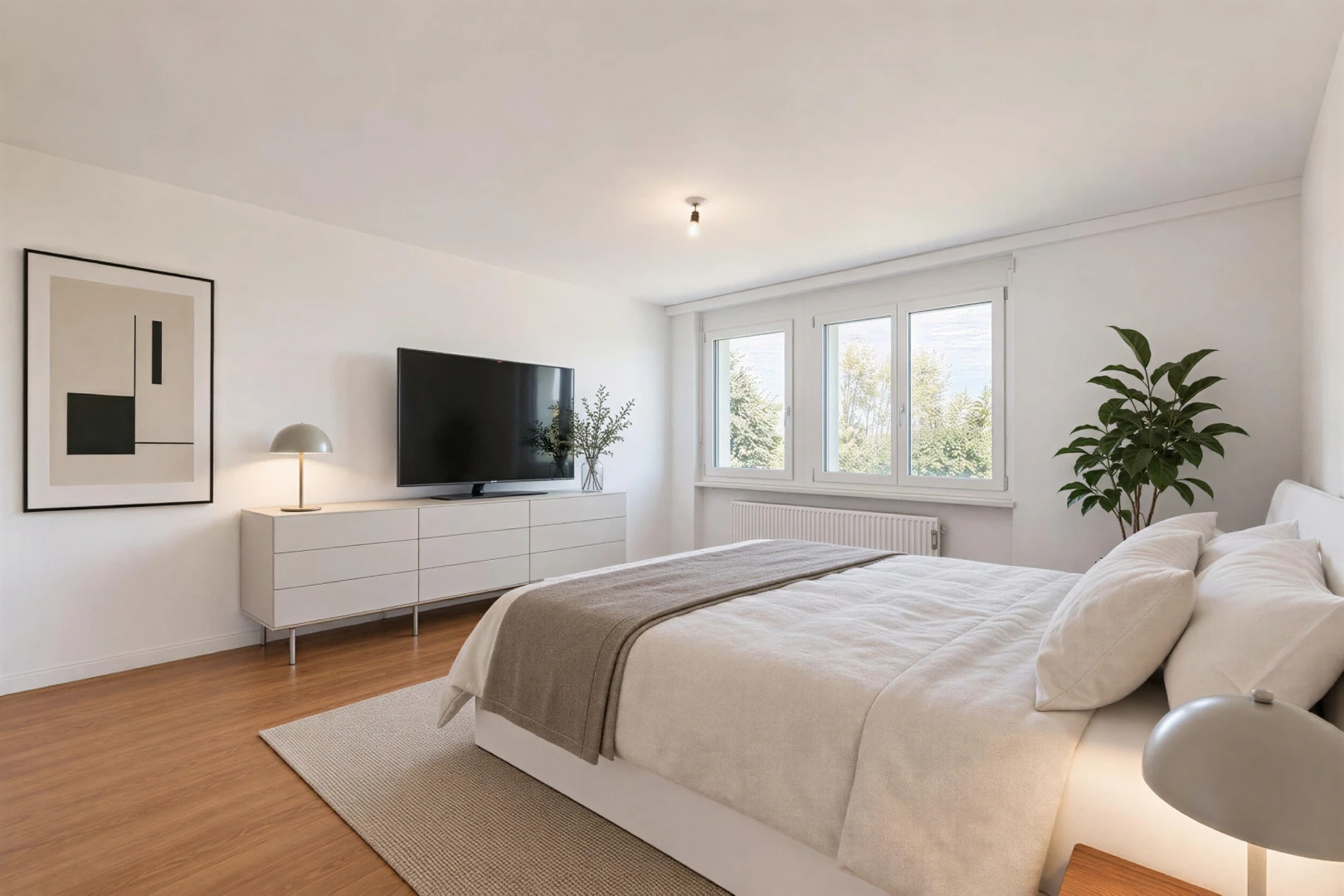 chambre avec télévision, cloison sèche, drywall, sol en finition bois, et wood finish floor