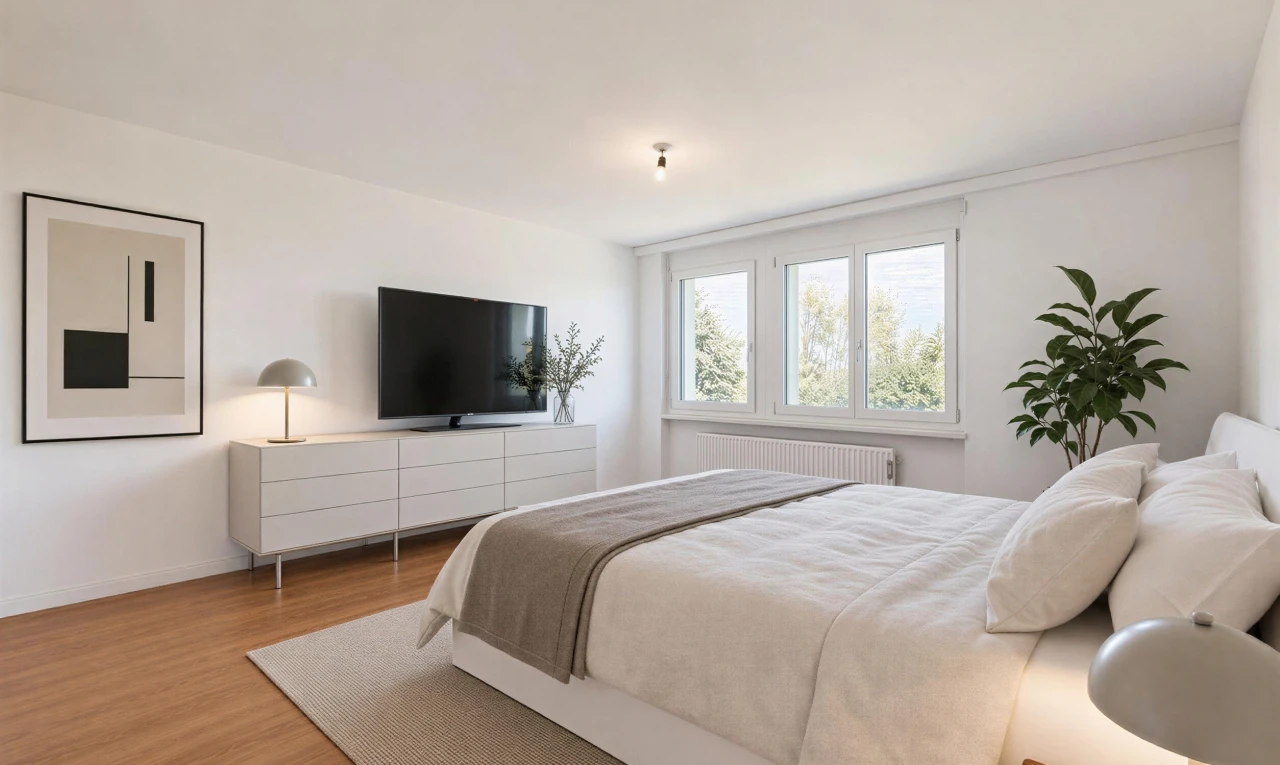chambre avec télévision, cloison sèche, drywall, sol en finition bois, et wood finish floor
