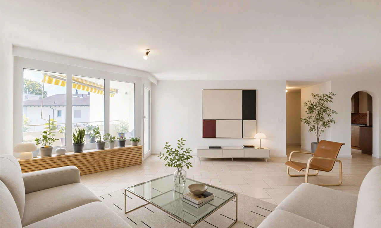 salon avec passages en arc, drywall, cloison sèche, light floor, et inside property