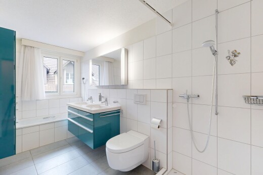 bad mit komplettes badezimmer, spiegel, schminktisch, natural light, und natürliches licht