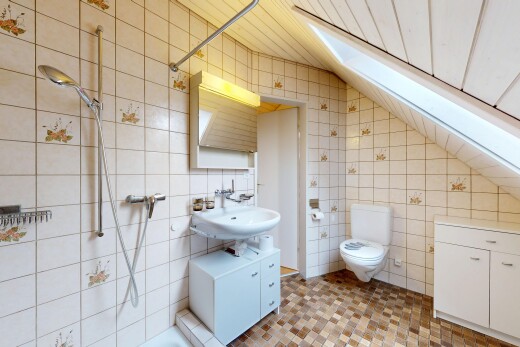 salle de bains avec douche, mur en carrelage, tile wall, miroir, et salle de bain complète