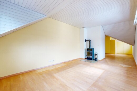 pièce vide avec poêle à bois, wood finish floor, sol en finition bois, vaulted ceiling, et plafond voûté